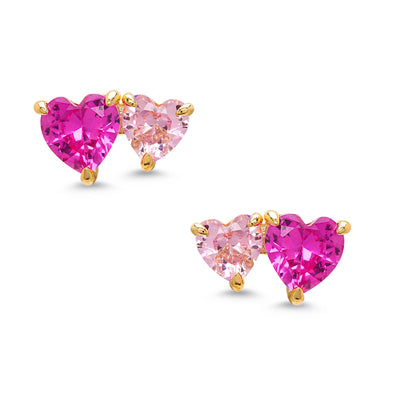 CZ Double Hearts Stud Earrings - 2-Tone Pink