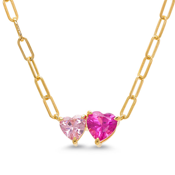 CZ Double Hearts Necklace - 2-Tone Pink